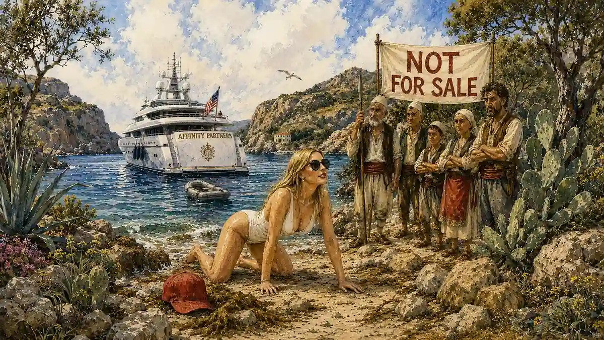 AI-generated illustration of Ivanka Trump in a bathing suit crawling onto a beach in Albania