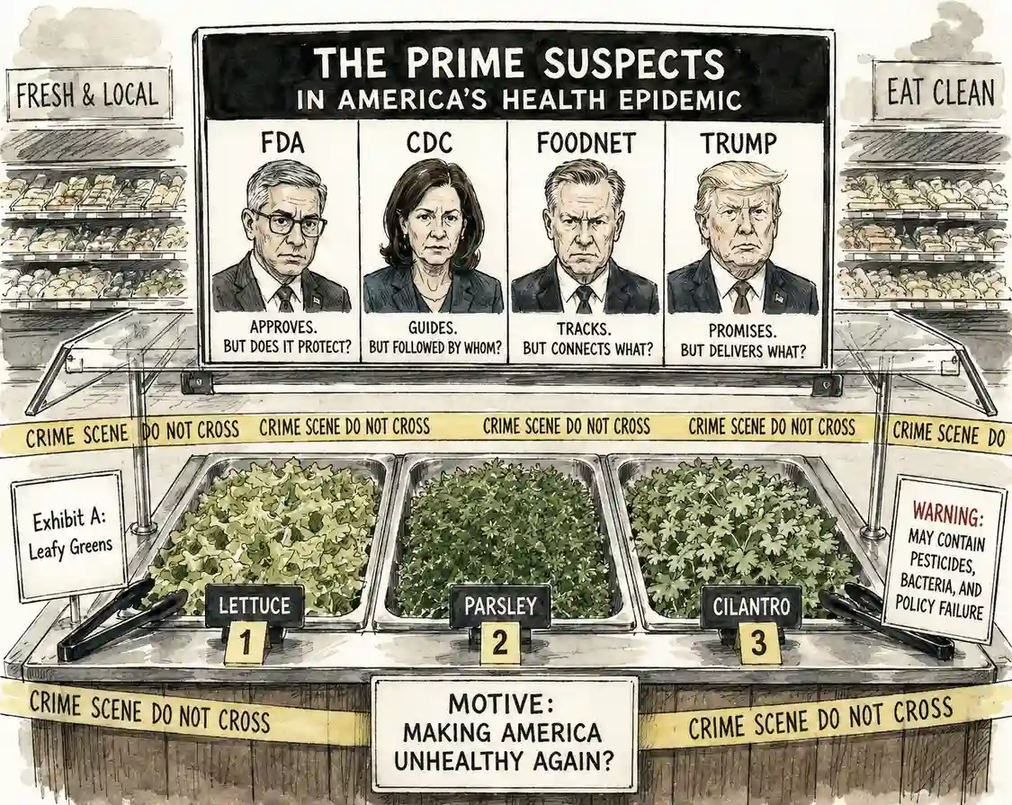 AI cartoon rendering of the prime suspects in America's health epidemic