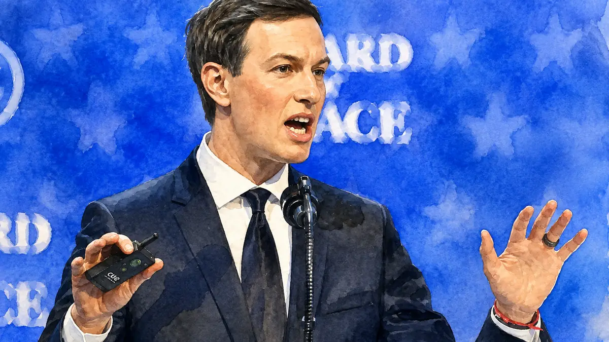 AI rendering evoking Jared Kushner and the Board of Peace behind the U.S. plan to redevelop Gaza.